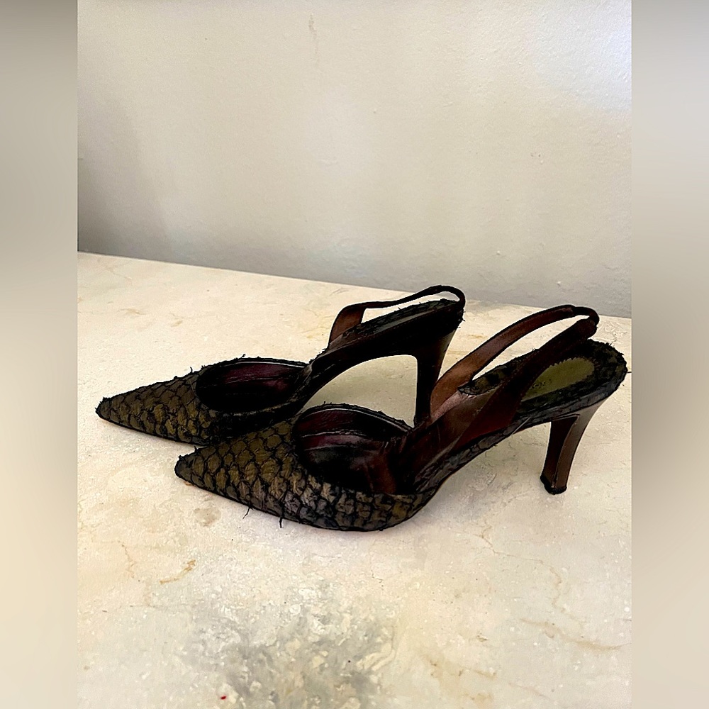 Leather sling back leather hill. Donna Karen Black Lebel (high end) collection.
